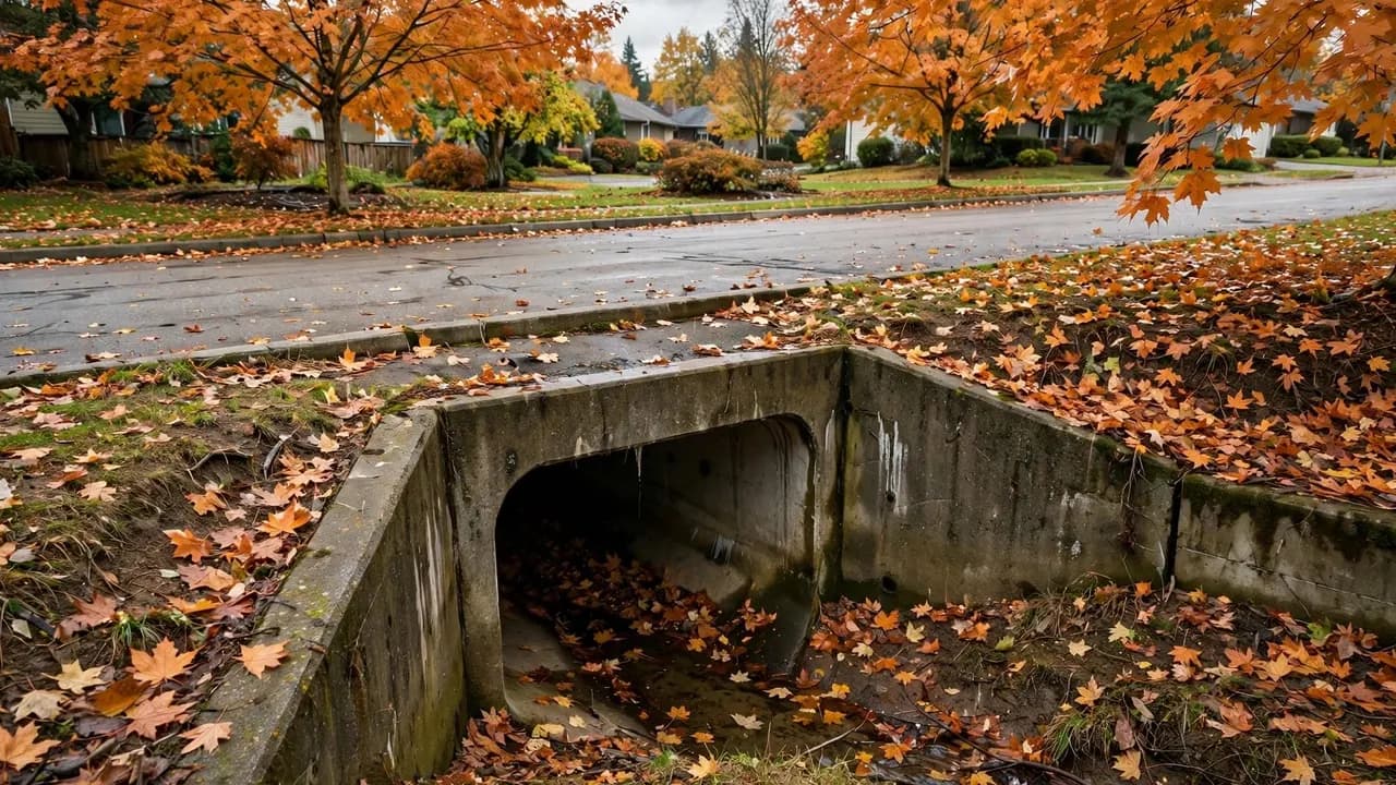 AI-generated illustration of a concrete road culvert under a suburban street in autumn