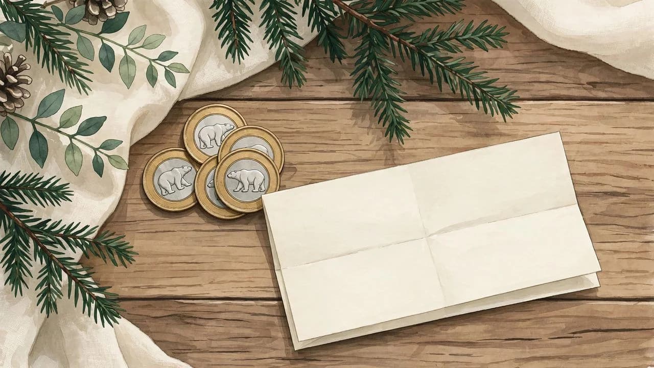 AI-generated illustration of Canadian coins and a blank paycheque on a wooden table