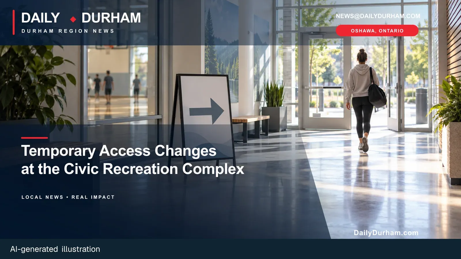 AI-generated Daily Durham editorial illustration for temporary Civic Recreation Complex access changes in Oshawa.