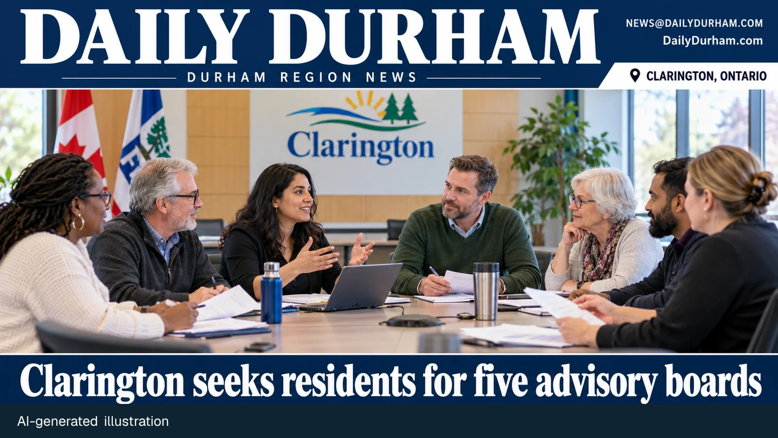 Clarington advisory-board recruitment cover illustration with residents at a civic meeting and Daily Durham branding.