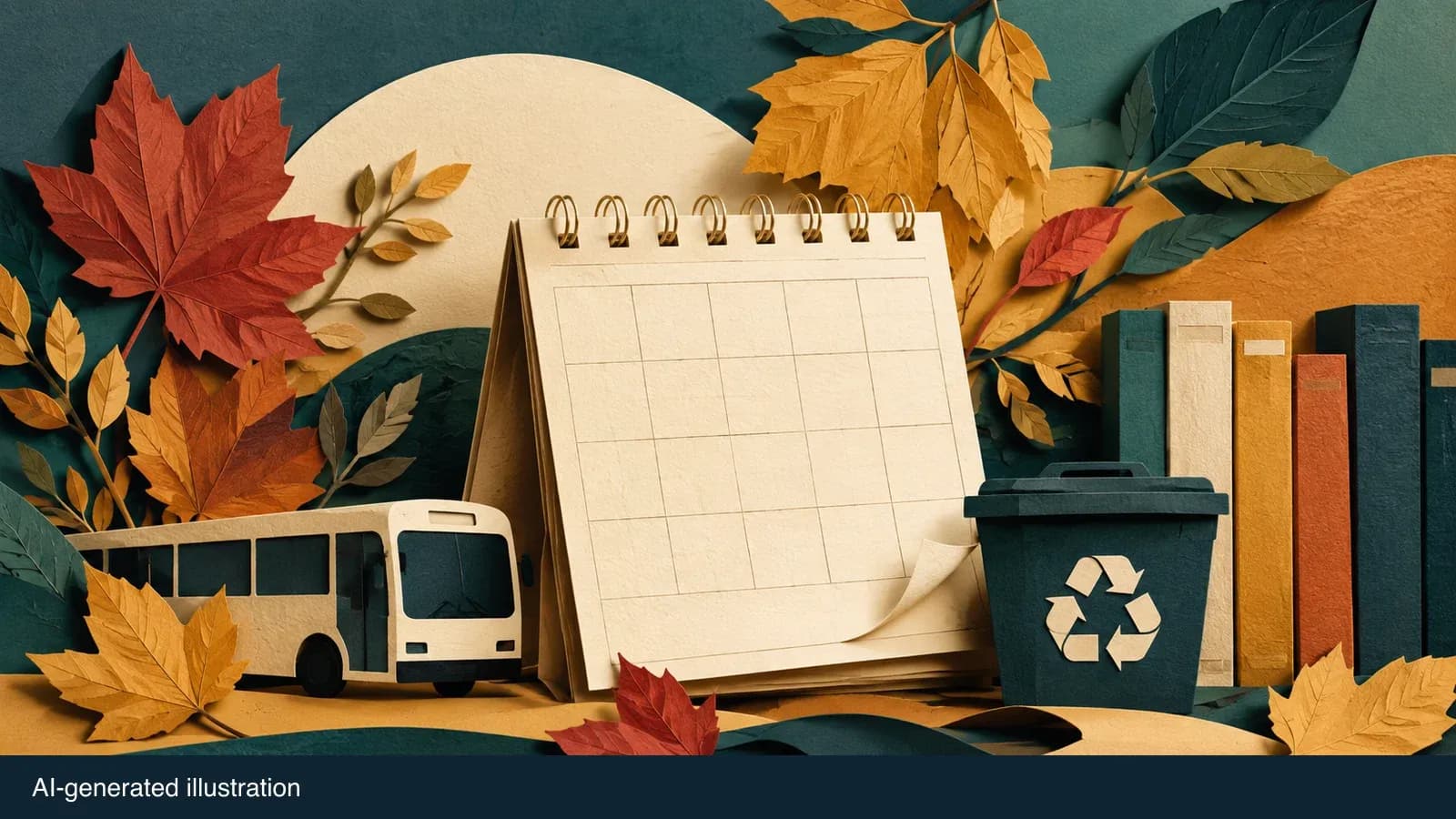 Illustrated calendar and municipal service symbols. AI-generated illustration.