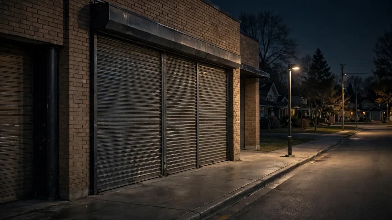 AI-generated illustration of a closed commercial storefront at night