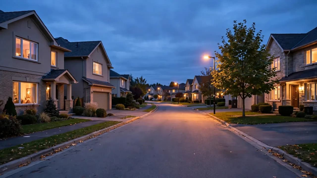 AI-generated illustration of a quiet suburban Whitby street at dusk