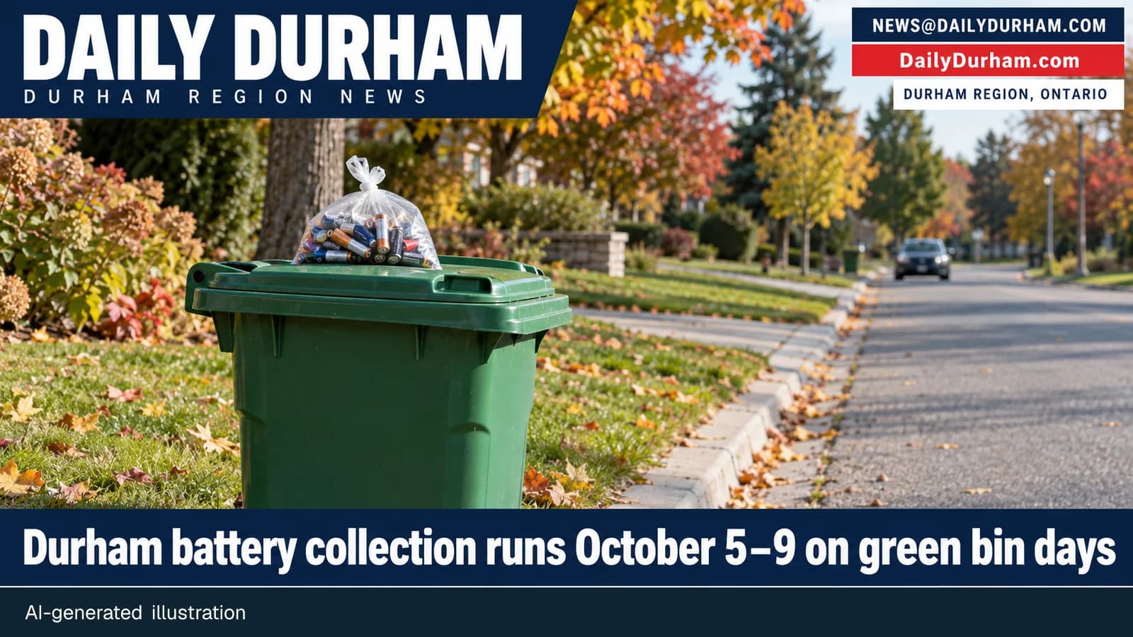 AI-generated illustration of a Durham Region green bin and safely bagged household batteries for the October 5–9 collection.