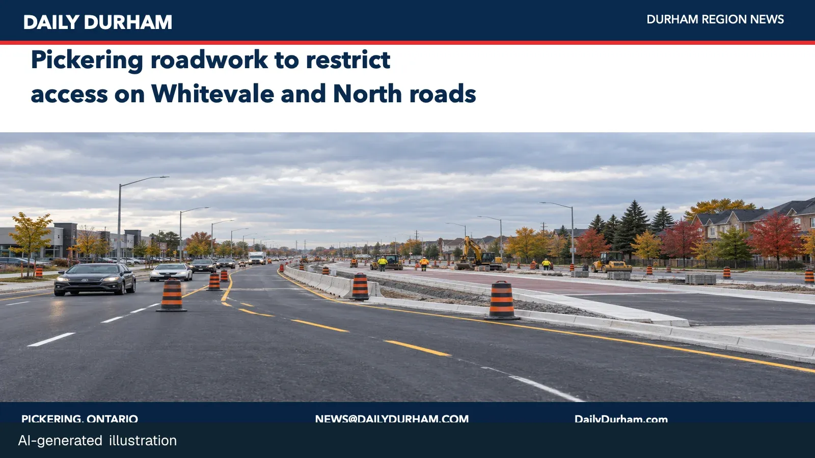 Illustration of road reconstruction and traffic controls; not a photograph of the Whitevale Road worksite.