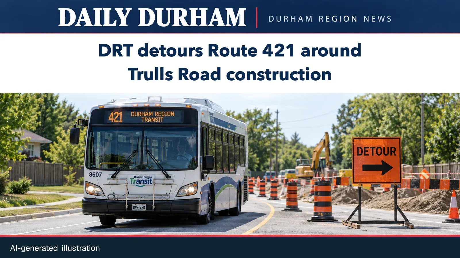 AI-generated illustration of a Durham Region Transit bus approaching a road construction detour.