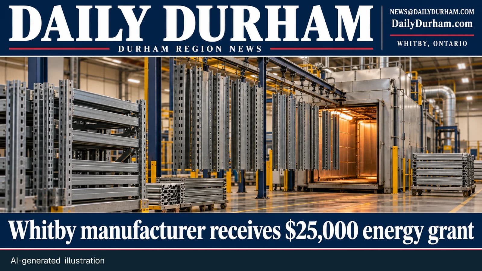 AI-generated illustration of steel racking and an industrial oven in a generic manufacturing facility, with Daily Durham branding.