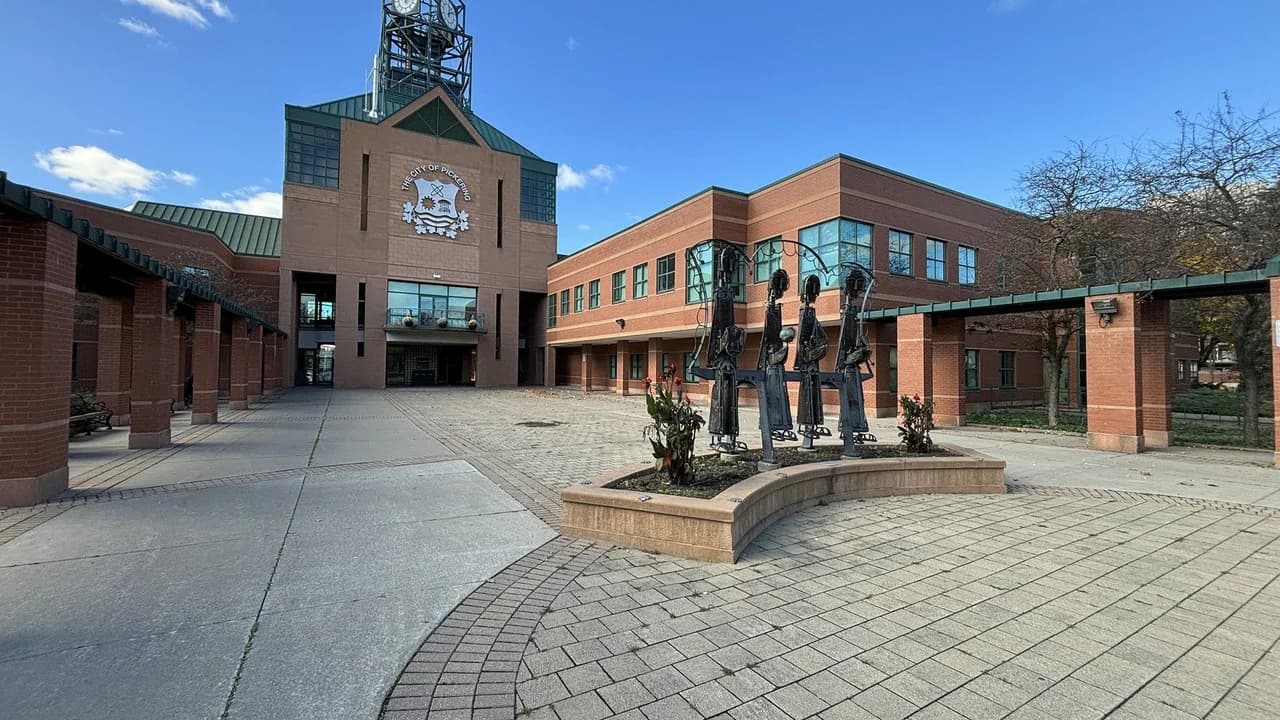 Pickering City Hall (Civic Complex) with its clock tower, viewed from the courtyard.