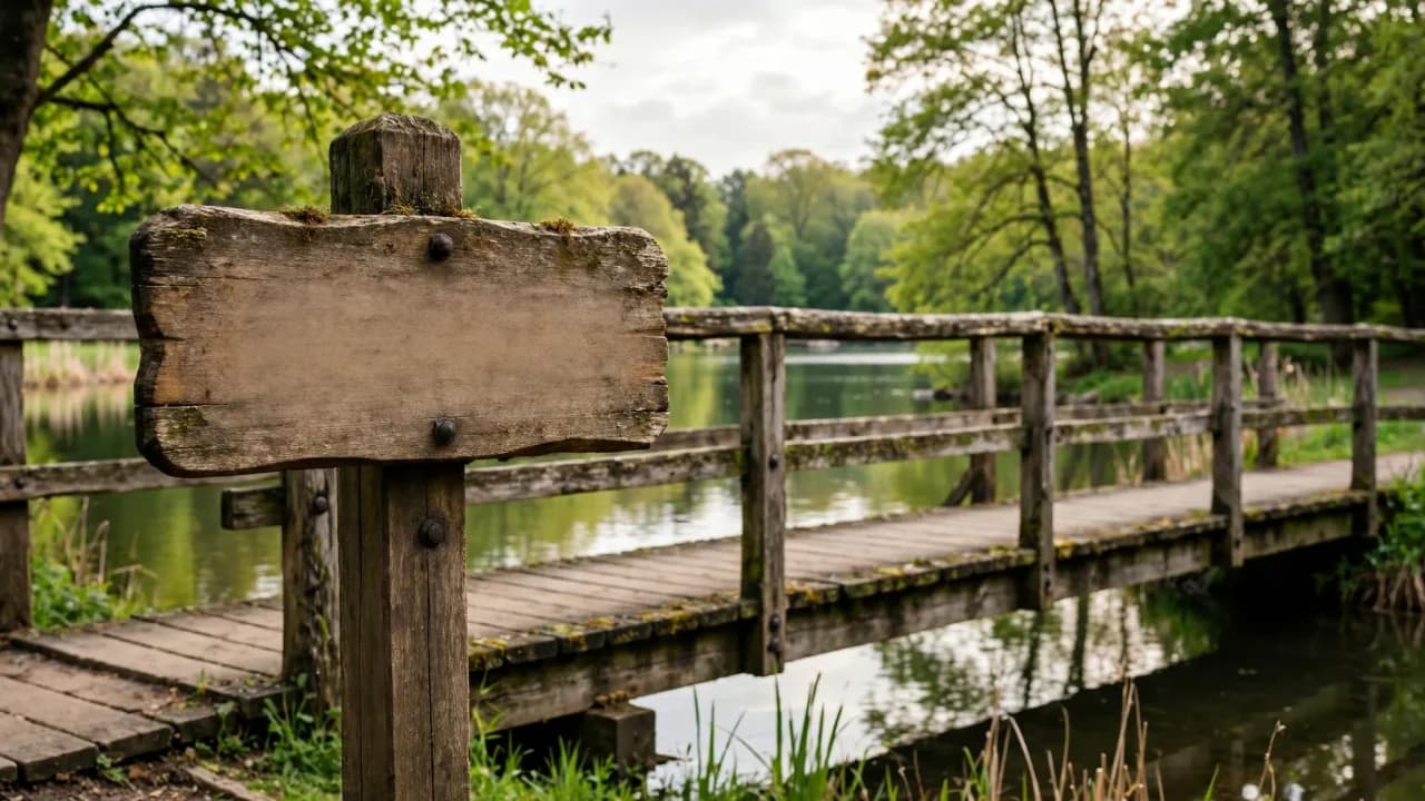 AI-generated illustration of a wooden park bridge sign beside a lake