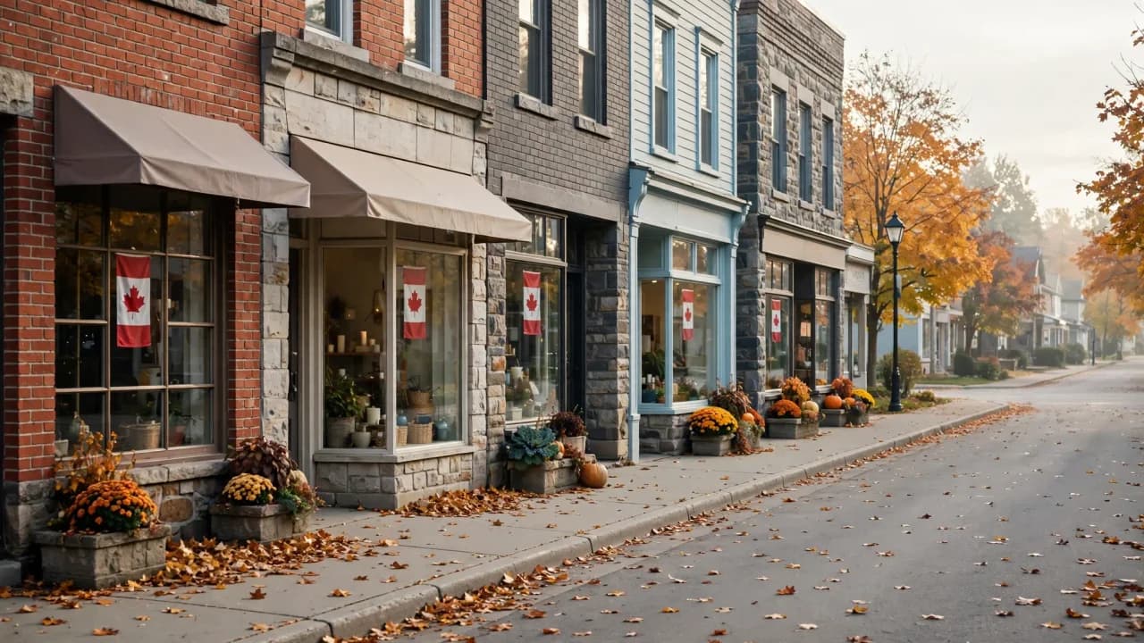 AI-generated illustration of a small-town main street with independent shops and Canadian flags in windows on an autumn morning