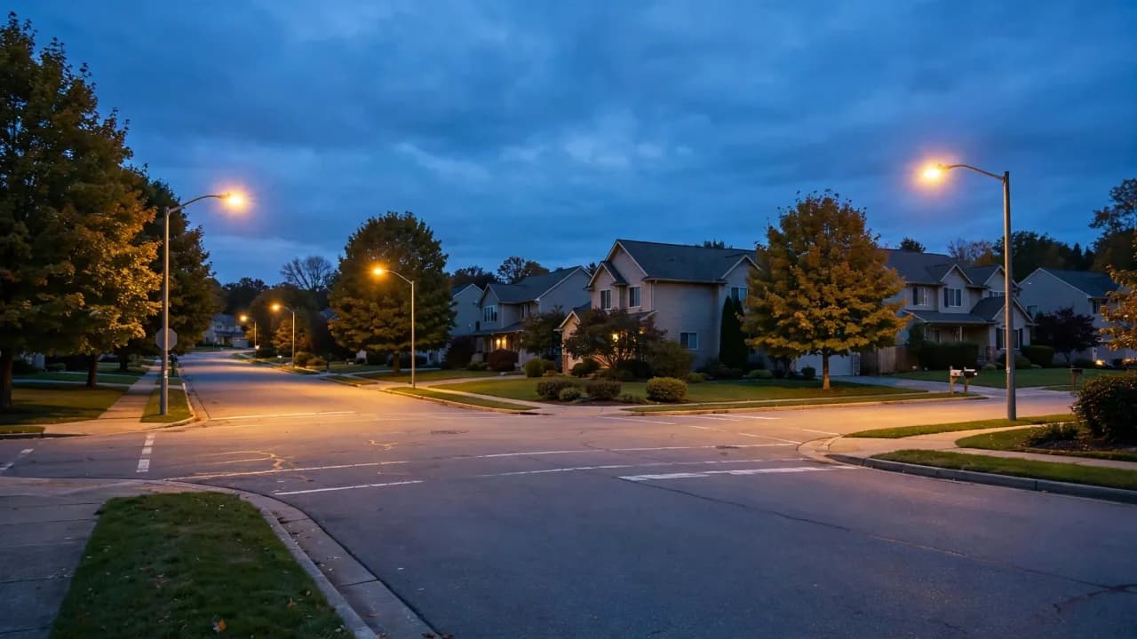 AI-generated illustration of an empty suburban street intersection at dusk with streetlights on