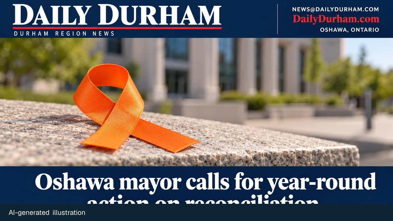 Daily Durham AI-generated editorial illustration with an orange ribbon on a neutral stone ledge for Oshawa mayor’s reconciliation statement.