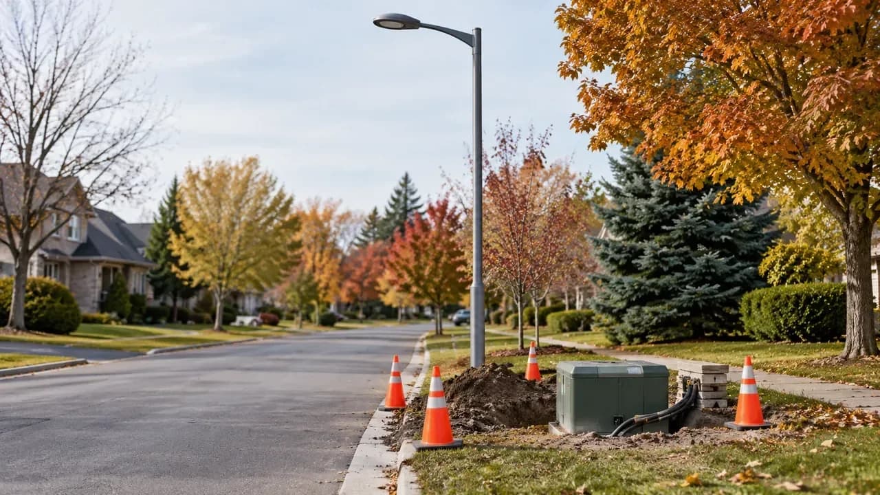 A generic autumn residential street with a streetlight and a small, cone-marked utility work area.