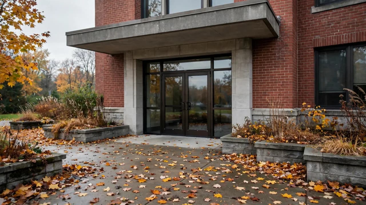 AI-generated illustration of a quiet municipal building entrance on an autumn morning