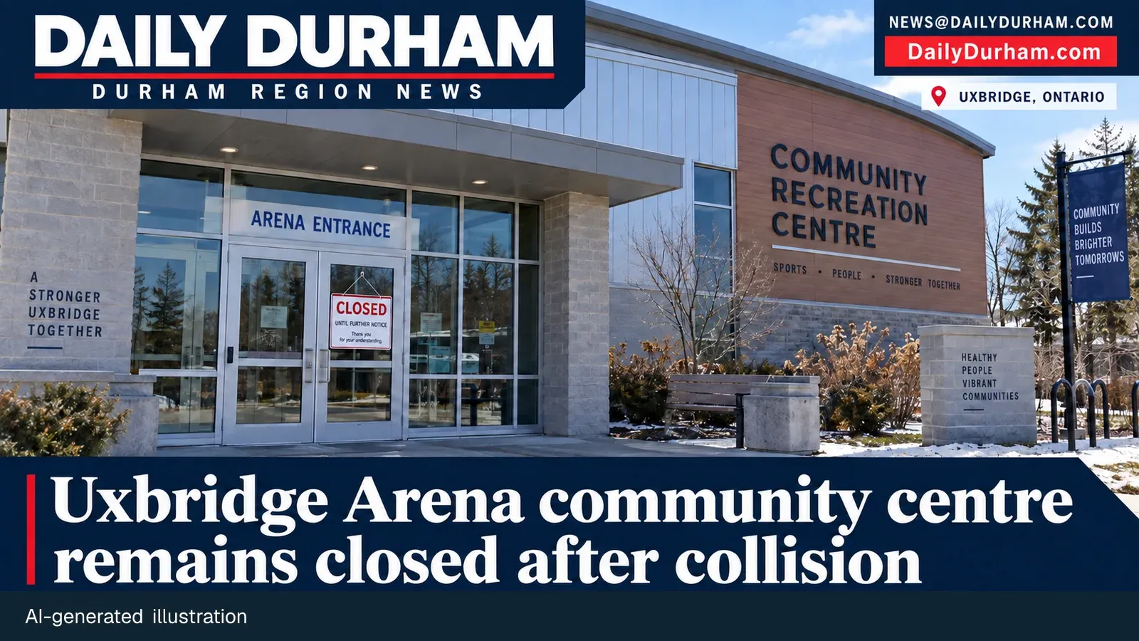 Illustration of a closed community-centre entrance in Uxbridge.