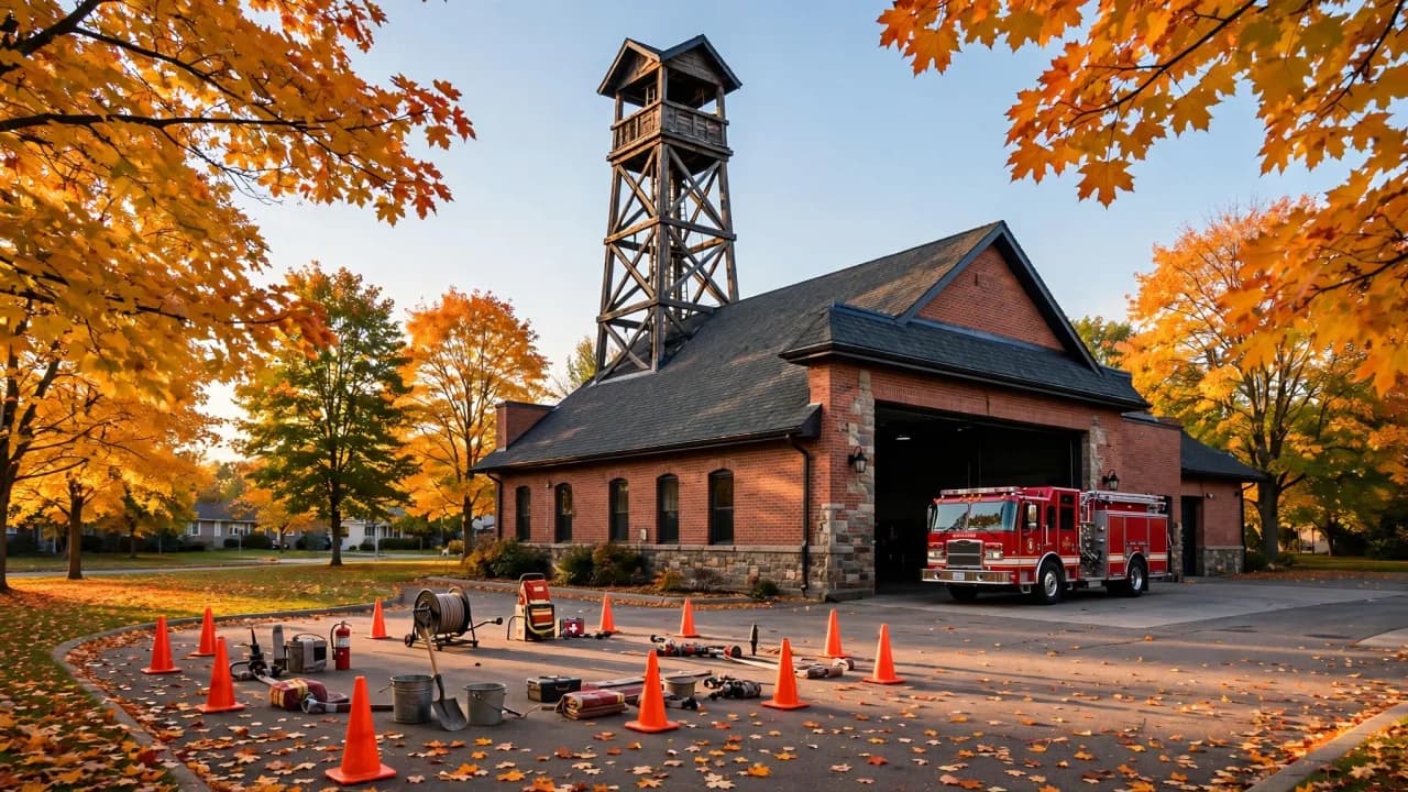 AI-generated illustration of a brick fire hall in Oshawa in autumn, with a red fire truck and safety cones set out for a community safety day