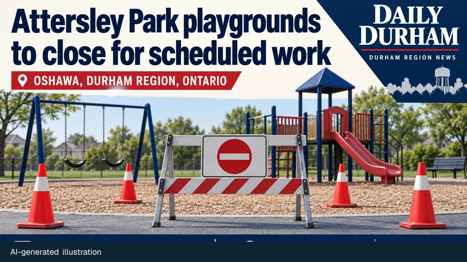 Illustration of an empty playground behind a closure barrier for the Attersley Park notice.
