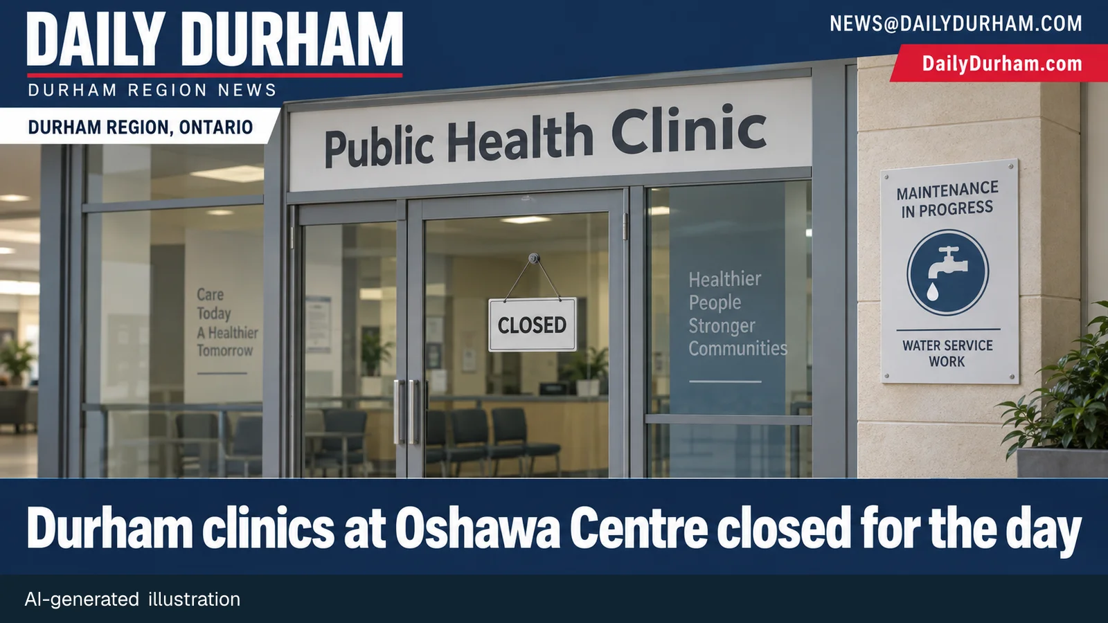 AI-generated illustration of a public health clinic entrance with a temporary closed sign and water-service work notice, in Daily Durham brand format.
