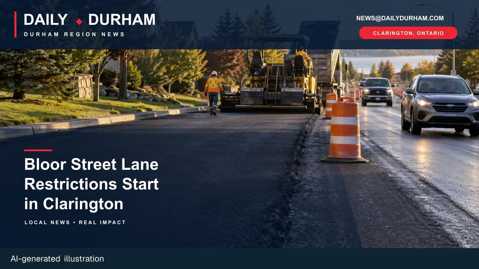 AI-generated illustration of road-repaving work and lane restrictions in a suburban setting.