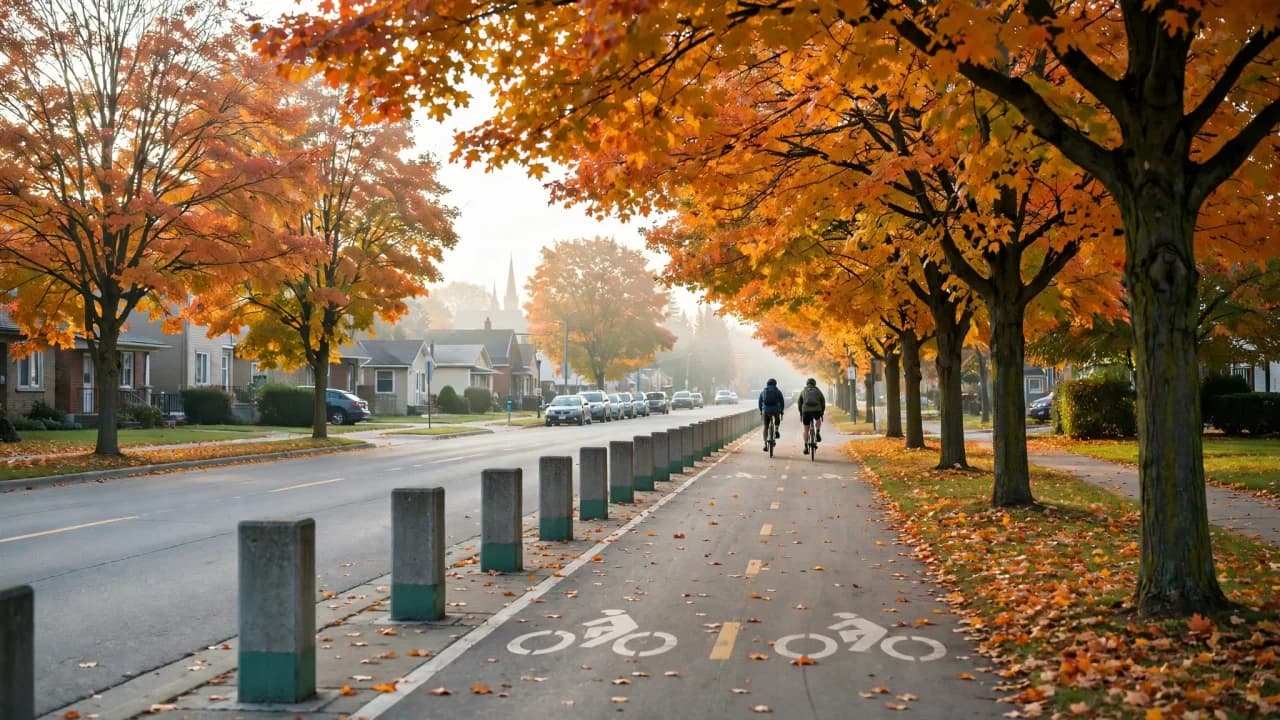 AI-generated illustration of a bike lane with cyclists in autumn