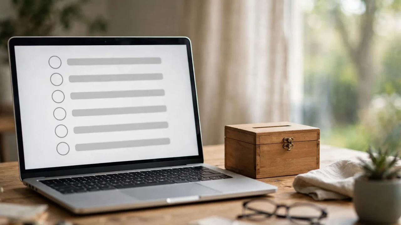 AI-generated illustration of a laptop on a home desk showing a blank ballot-style voting screen beside a small wooden ballot box in soft daylight
