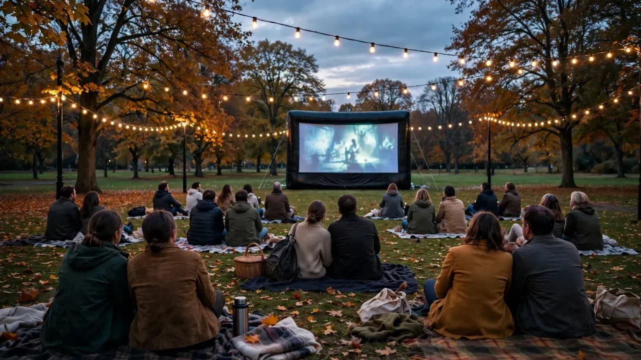 AI-generated illustration of an outdoor movie night in an Oshawa park at dusk — a glowing inflatable screen, string lights, and people on blankets among autumn trees