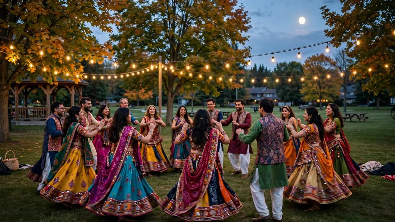 AI-generated illustration of people in colorful traditional Indian attire dancing garba in a circle under string lights and a harvest moon at an outdoor evening festival