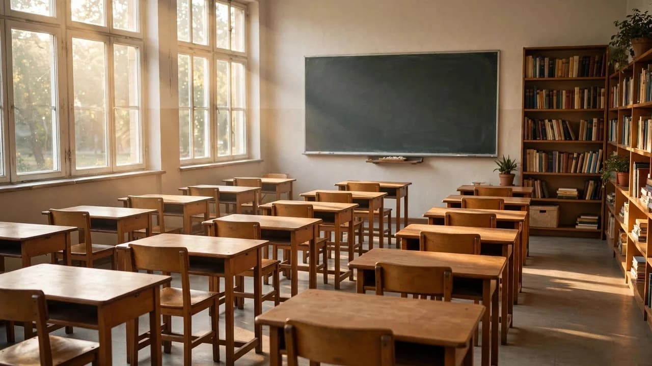 AI-generated illustration of an empty elementary school classroom in warm morning light