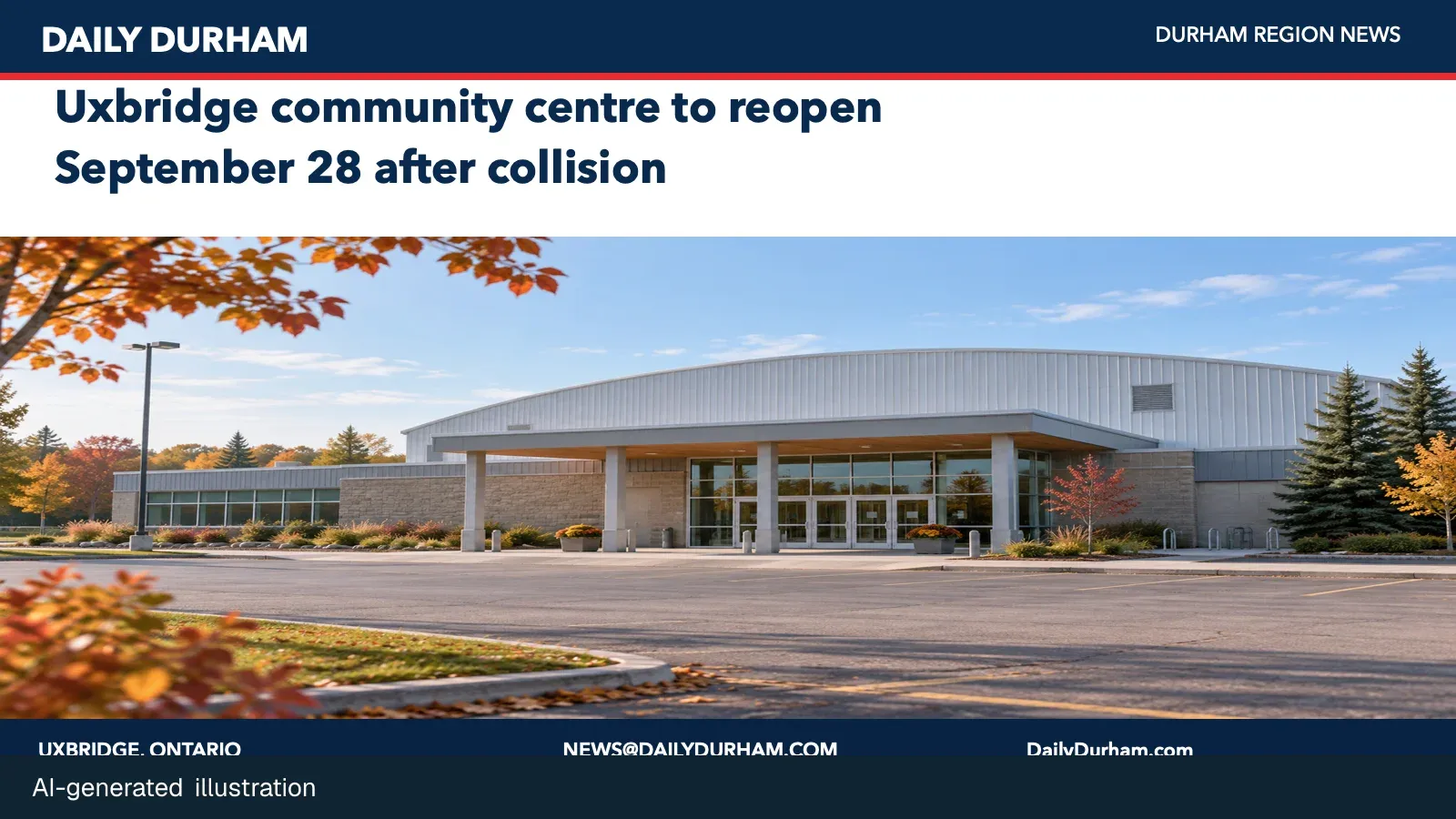 Generic Ontario municipal arena and community-centre exterior; AI-generated illustration, not a depiction of the Uxbridge collision.