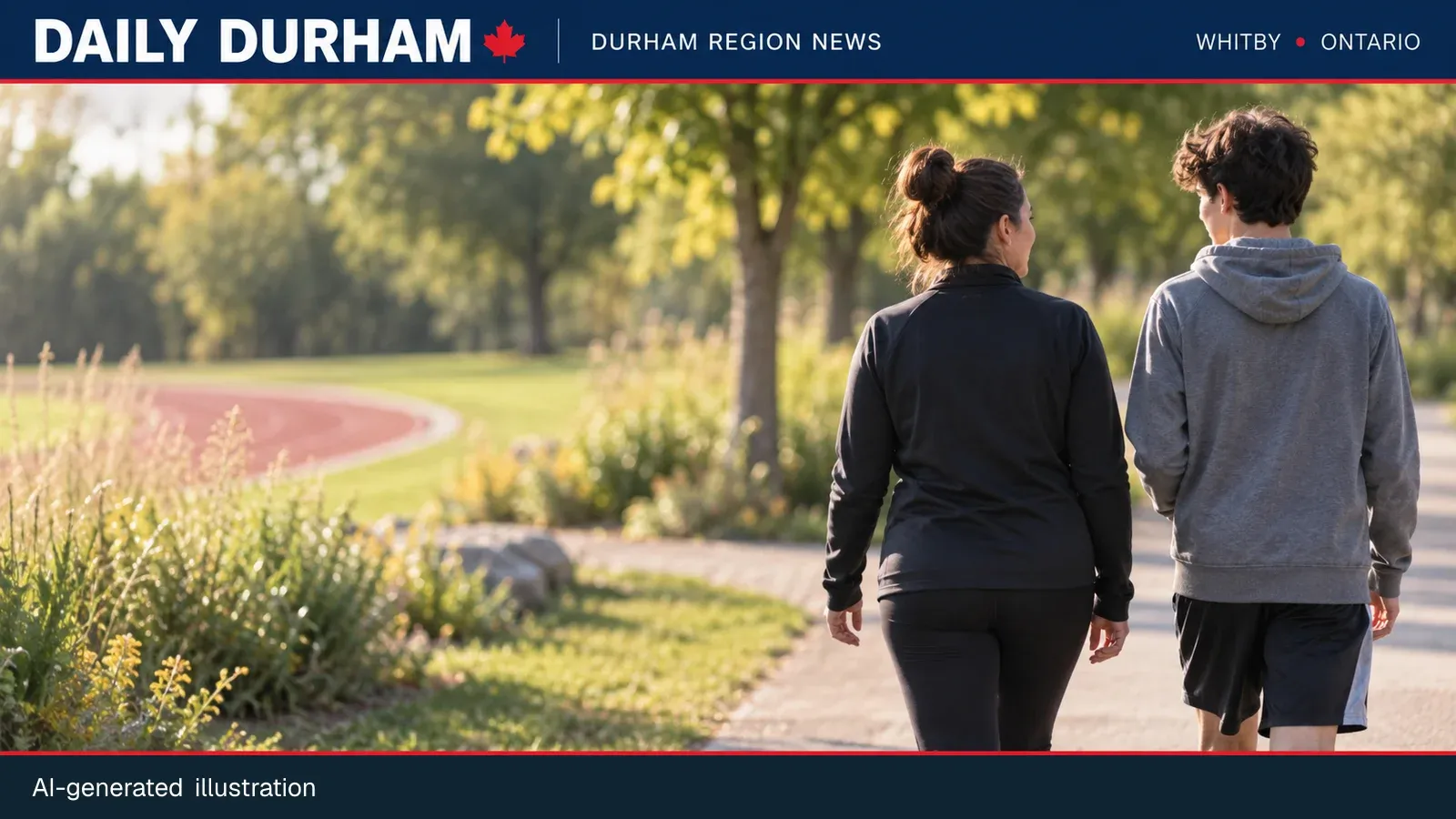 Generic people walking beside a recreation path for a Whitby Fieldgate Sports Complex event listing; AI-generated illustration.