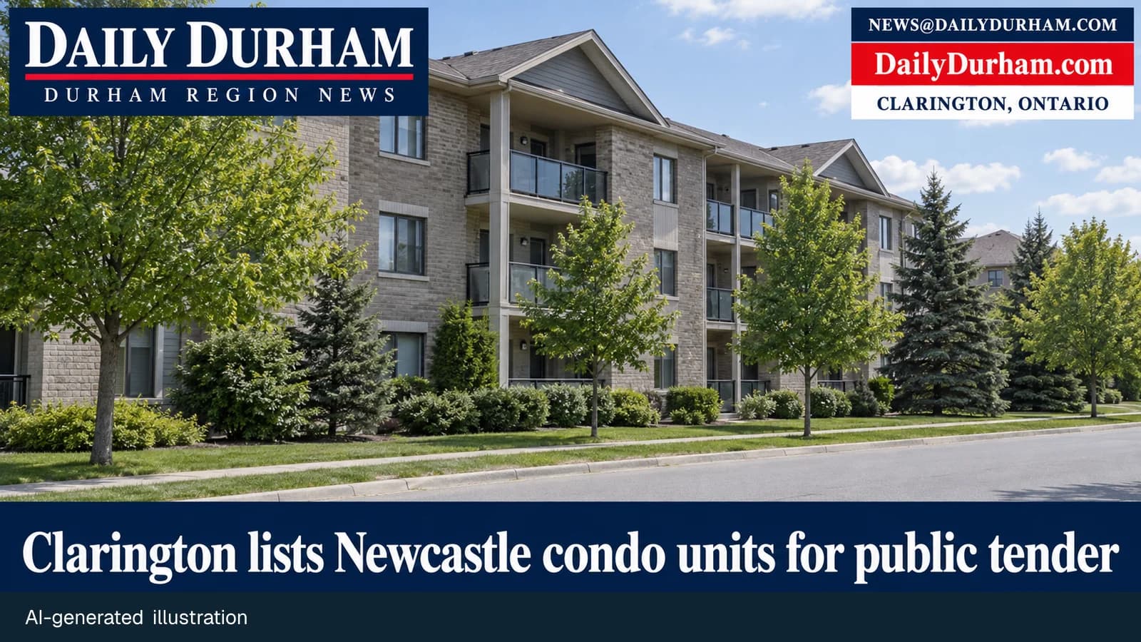 AI-generated illustration of a generic low-rise condominium building on a Clarington residential street, representing a municipal tax-sale tender; no real property or address is depicted.