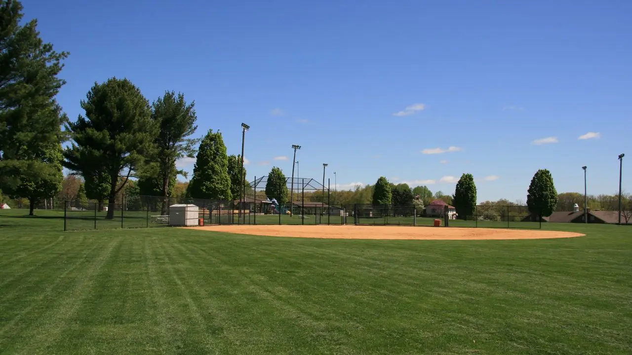 An empty softball field with a dirt infield diamond and green outfield grass, backstop fencing and trees; no people visible.