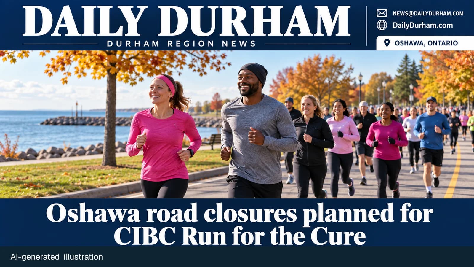 Oshawa CIBC Run for the Cure road closures cover illustration with community runners beside Lake Ontario and Daily Durham branding.