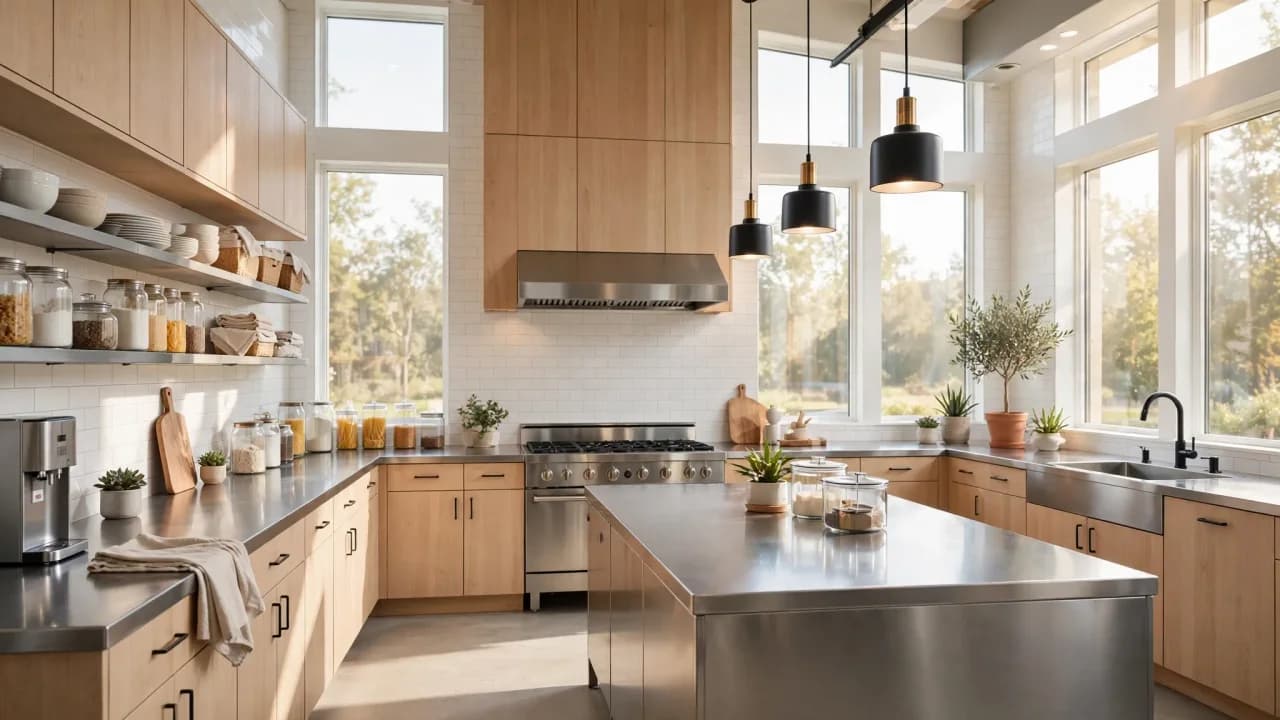 AI-generated illustration of a bright modern community kitchen interior