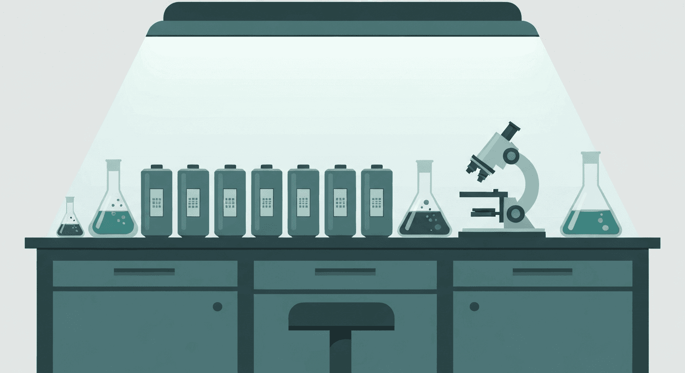 Editorial illustration of a battery research laboratory bench with cells and instruments.