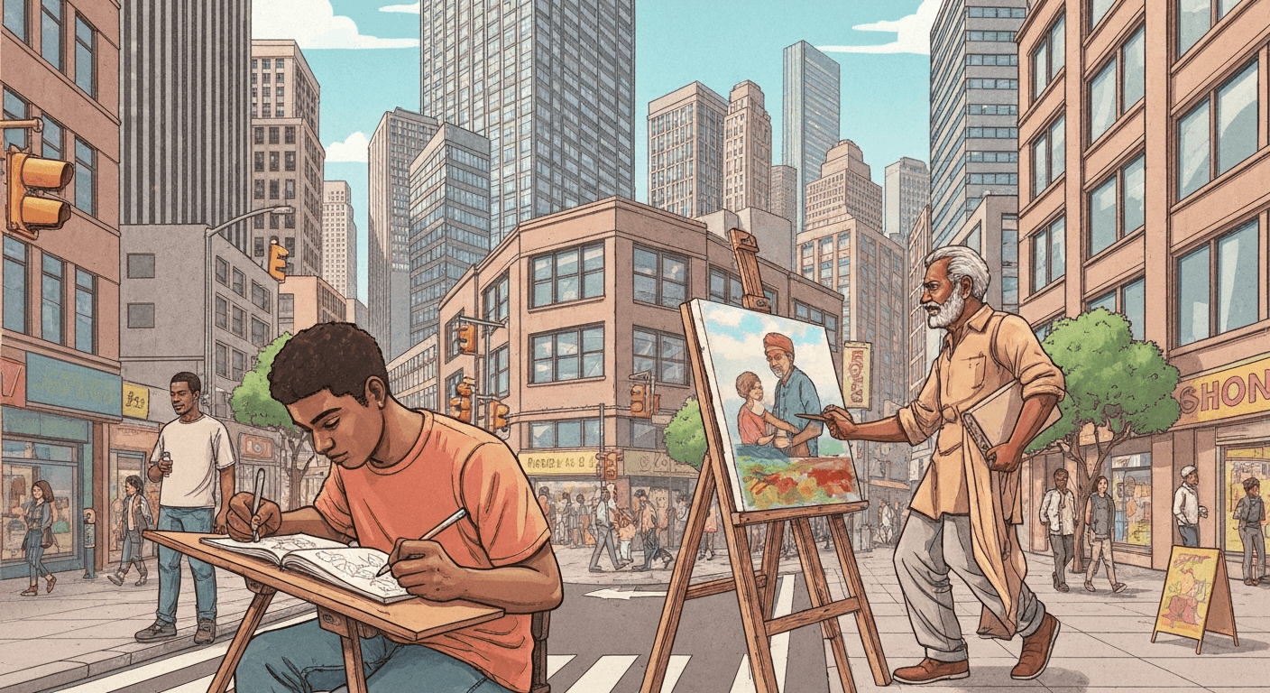 Editorial illustration of a contemporary mid-rise residential tower at golden hour.