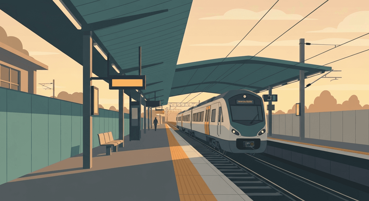 Editorial illustration of a modern commuter rail platform with a train at the platform.