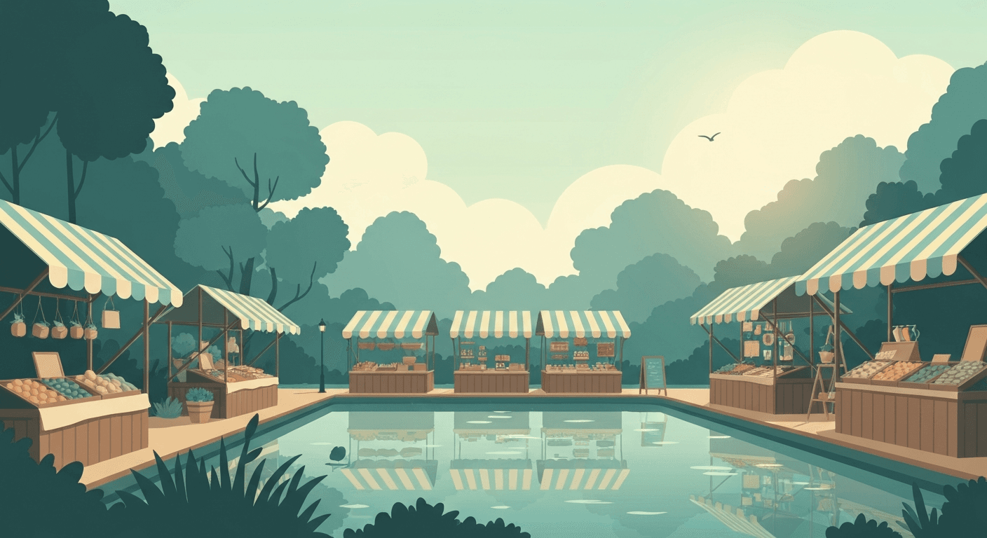Editorial illustration of a small open-air lakeside market with striped awnings.