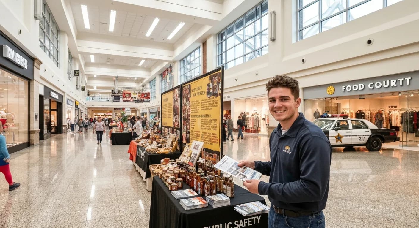 Editorial image of a public safety information booth and vintage cruiser display inside a mall.