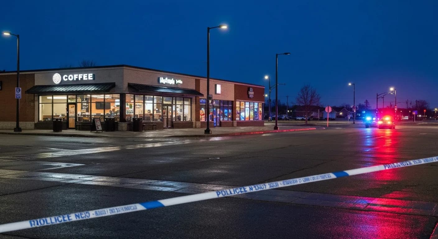Editorial image of a quiet Oshawa commercial plaza at night with police tape and distant emergency lights.