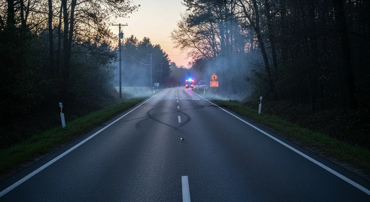 Editorial image of a rural Uxbridge road at dawn with tire marks and distant emergency lights.